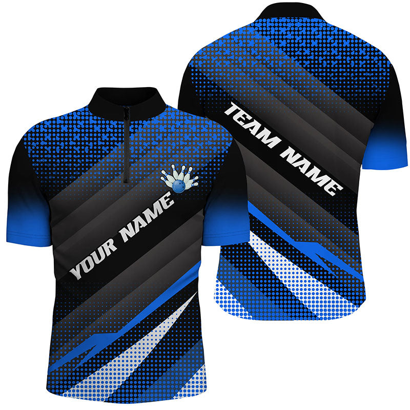 Blue Bowling Custom Men Bowling Polo, Quarter zip Shirts Bowling Team Jerseys Bowling Tournament NQS8884