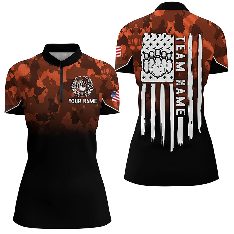 Womens bowling Polo, Quarter zip shirt Custom Orange camo American flag patriotic bowling team jerseys NQS8209