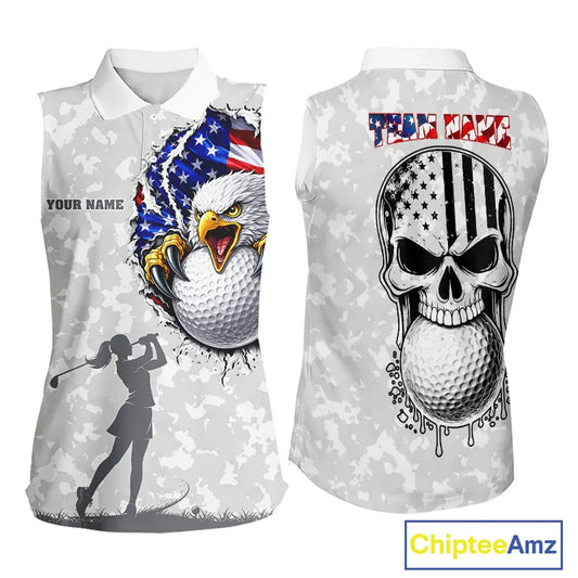 Personalized American Flag Skull Eagle Camo Sleeveless Golf Polo Shirt, Patriotic Ladies Golf Outfits NQS11649