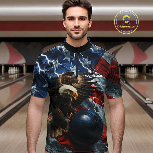 American Flag Eagle Lightning Thunder Bowling Shirts For Men Custom Patriotic Bowling Team Jerseys NQS11059