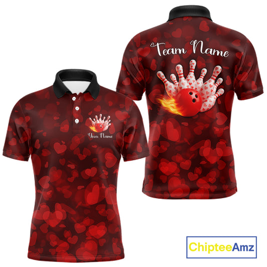 Red Hearts pattern Valentine matching bowling shirts for couples Custom Bowling Couple Outfits NQS11251