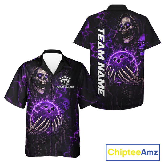 Personalized Skull Bowling Hawaiian Shirt Custom Team's Name Black and Purple Flame Bowler Jerseys NQS11659