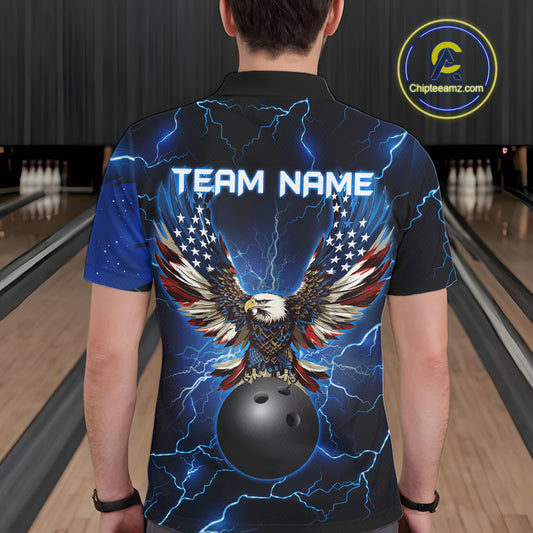 Blue lightning thunder bowling American flag Eagle custom Men Bowling Polo Shirts, team bowler jerseys NQS7489