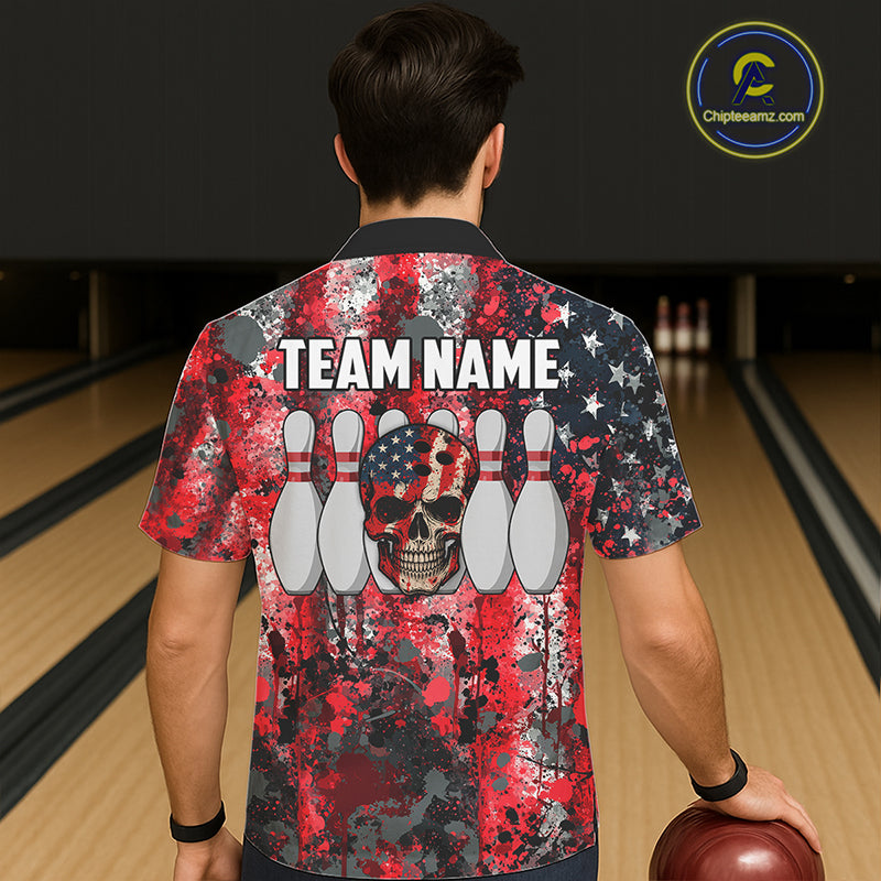 Red, White & Blue American Flag Skull Bowling Hawaiian Shirt Custom patriotic Team Bowling Jersey NQS11275
