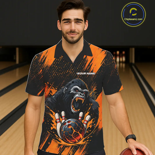 Black and Orange pattern Angry Gorilla Bowling Hawaiian Shirt Custom Gorilla Team Bowling Jerseys NQS11278