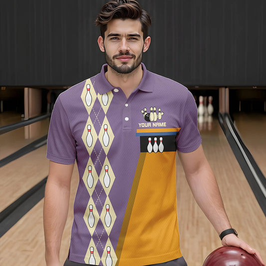 Yellow & Purple Retro Bowling Polo, Quarter Zip shirt for Men Custom vintage team bowling jersey NQS9720
