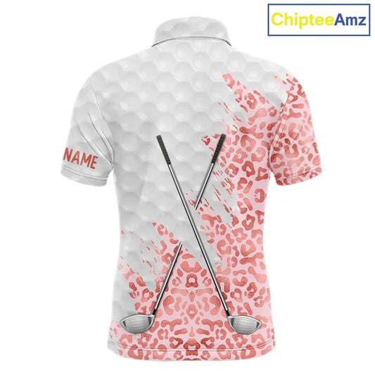 Pink glitter Leopard skin pattern custom name white Mens golf polo shirts, team golf tops for men NQS11526