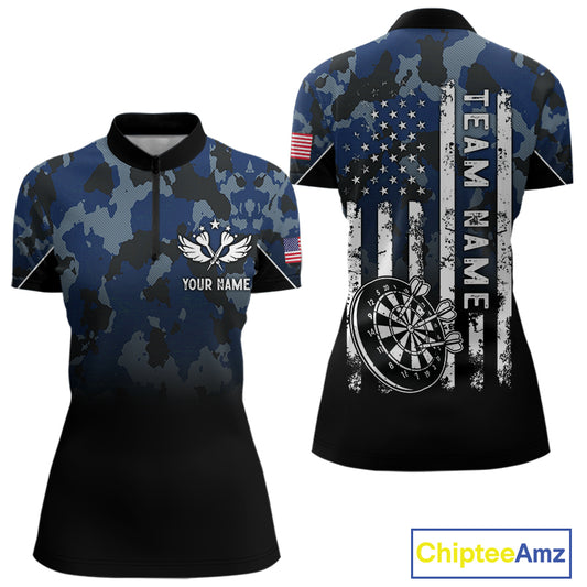 Black and Blue Camo Women Darts Shirts Custom American Flag patriotic Team Darts Jersey NQS11120