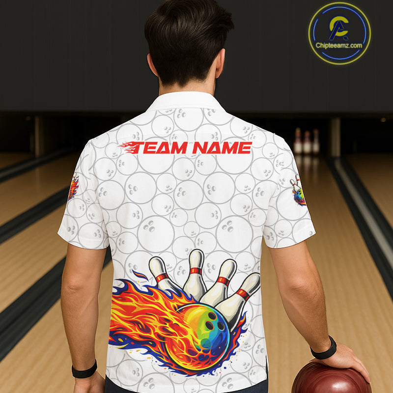 Colorful rainbow flame Bowling Hawaiian Shirt Custom white camo Bowling Team jerseys NQS11319