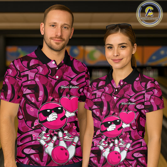 Funny Bowling heart pink graffiti pattern Custom Valentine matching bowling shirts for couples NQS11322