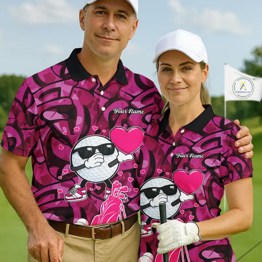 Funny Golf ball heart pink graffiti pattern Custom Valentine matching golf polo shirts for couples NQS11323