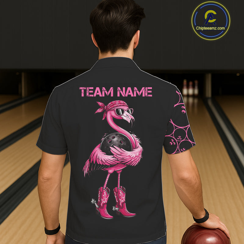 Funny Cute Pink Flamingo Custom Black & Pink Bowling Hawaiian Shirts, Flamingo Bowling Team Outfits NQS11545