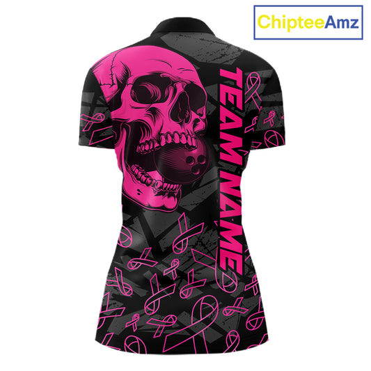 Black Skull camo pink ribbon pattern breast cancer bowling shirt for Women custom bowling team jersey NQS11549