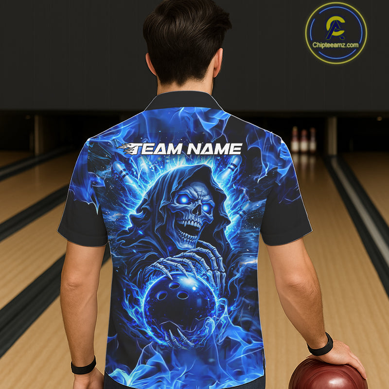 Blue Flame Skull Bowling Hawaiian Shirt Custom Bowling Reaper Team Bowling button up shirt NQS11348