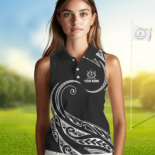 Black and White Tribal Pattern Golf Ball Women Sleeveless Polo Shirt custom unique ladies golf apparel NQS9821