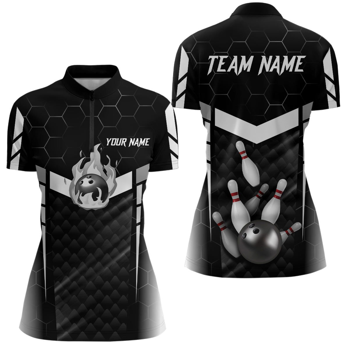 Personalized Bowling Polo, Quarter Zip Shirts For Women Custom Bowling Team Jerseys | Black NQS8479