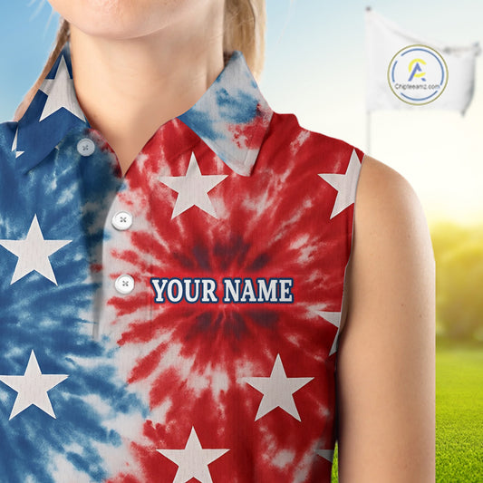 American Flag Tie dye pattern Womens sleeveless golf polo shirt custom patriotic golf attire for ladies NQS9990
