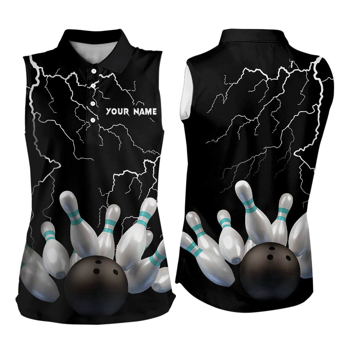 Black lightning thunder custom women sleeveless polo shirt bowling ball pins team jerseys NQS6425