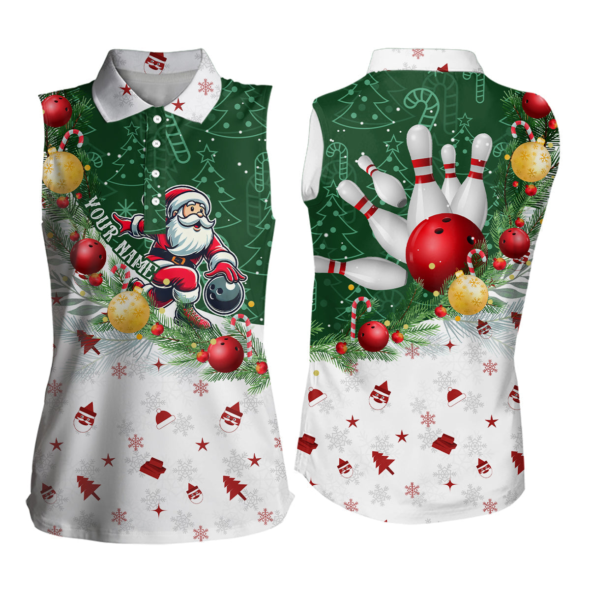 Christmas Santa Playing Bowling Sleeveless Polo shirt Custom Christmas Team Bowling Jerseys NQS9068