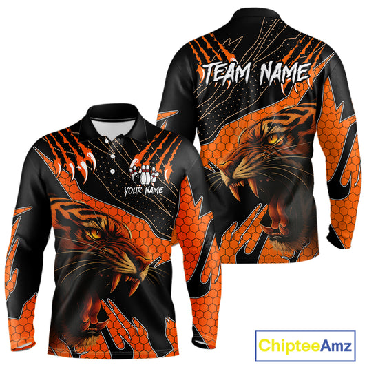 Personalized Tiger Bowling Team Men Polo, Quarter Zip Shirts, Black And Orange Tiger Bowling Jerseys NQS10398