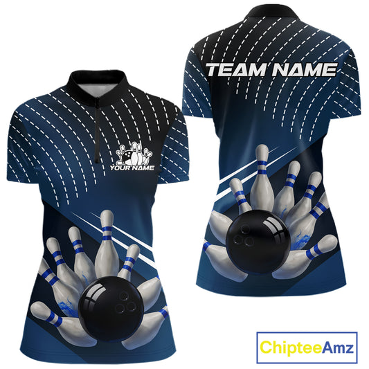 Black and Blue Bowling Polo, Quarter Zip shirts For Women Custom Bowling tournament Team Jerseys NQS10625