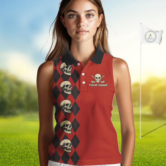 Red and Black argyle pattern Skull Women Sleeveless Polo Shirt Custom funny ladies golf outfit NQS10250