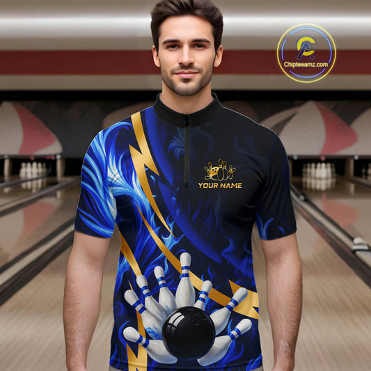 Personalized Bowling Polo, Quarter Zip Shirts for Men Custom Blue Flame and Gold Bowling Team Jersey NQS10446