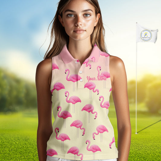 Personalized pink gradient Flamingo pattern Women sleeveless polo shirt Custom golf team theme outfit NQS10324