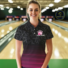Load image into Gallery viewer, Pink and black Ribbons Pattern Bowling Shirts For Women Custom Breast cancer Team Bowler Jersey NQS10560