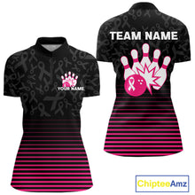Load image into Gallery viewer, Pink and black Ribbons Pattern Bowling Shirts For Women Custom Breast cancer Team Bowler Jersey NQS10560