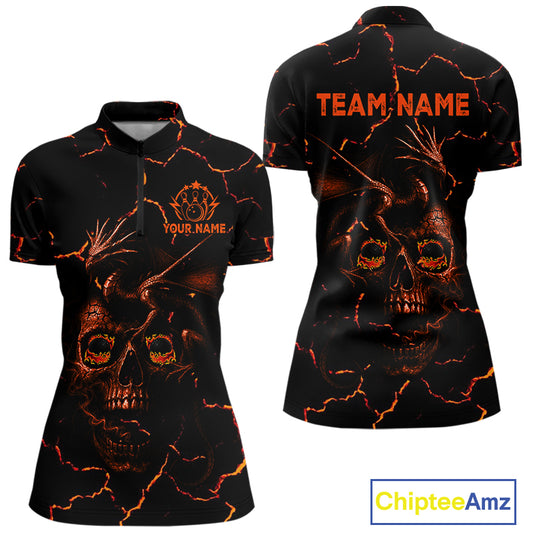 Black And Orange Skull Dragon Bowling Polo, 1/4 Zip Shirt For Women Custom Bowling Team League Jersey NQS10629