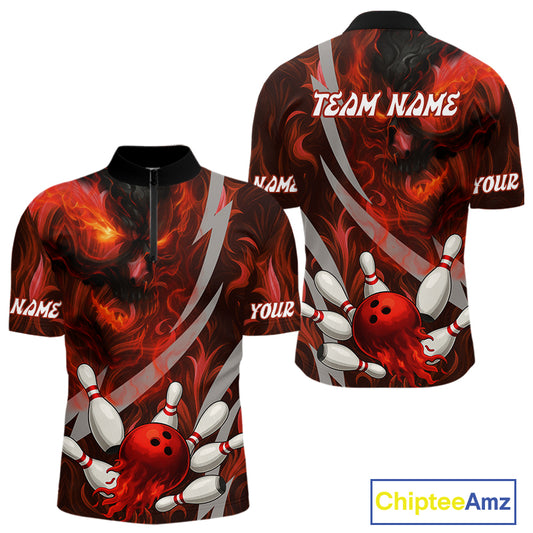 Red Flame Skull Bowling Polo, Quarter Zip shirts For Men Custom Halloween Team Bowling Outfit NQS10636