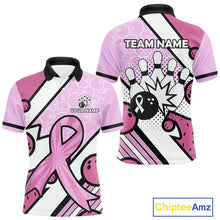 Load image into Gallery viewer, Personalized Pink Ribbons Camo Bowling Shirts For Men, Custom breast cancer bowling Team shirts NQS10533