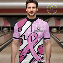 Load image into Gallery viewer, Personalized Pink Ribbons Camo Bowling Shirts For Men, Custom breast cancer bowling Team shirts NQS10533