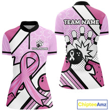 Load image into Gallery viewer, Personalized Pink Ribbons Camo Bowling Shirts For Women, Custom breast cancer bowling Team shirts NQS10533