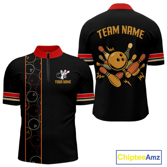 Custom Retro Black Mens Bowling Polo, Quarter Zip shirts, Personalized vintage bowling team jerseys NQS10548