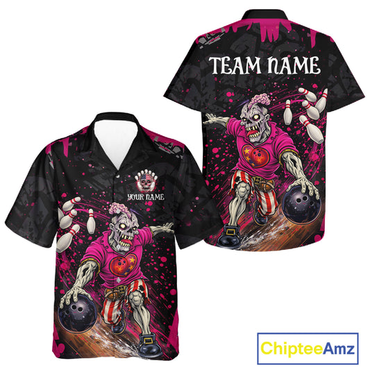 Black and Pink Funny zombie Bowling Hawaiian Shirt Custom Button up Bowling team league jerseys NQS11442