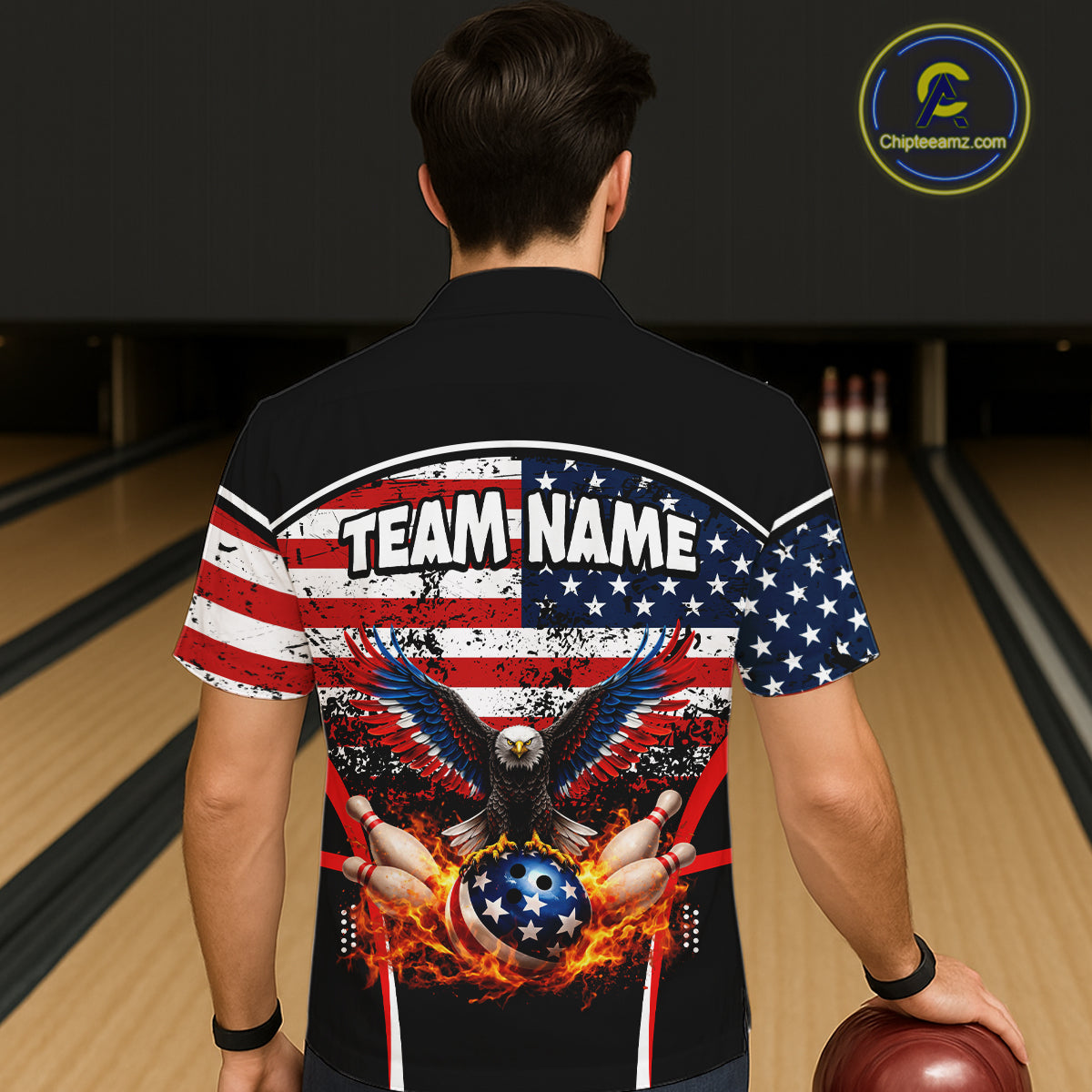 American Flag Eagle Flame Bowling Hawaiian Shirt Custom patriotic Team Bowling Button-up Shirt NQS11735