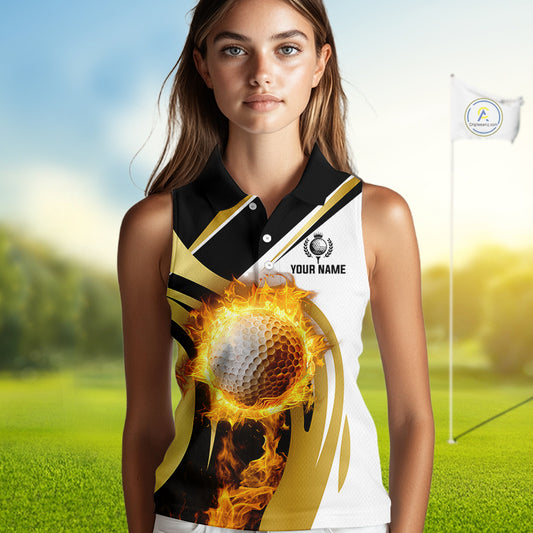Black & White Gold Flame Women Sleeveless Polo Shirt custom team ladies golf attire, golf gifts NQS10905