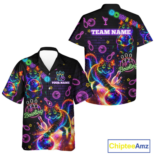Custom Funny Cat Neon Hawaiian Bowling Jerseys Bowling Outfit, Bowling Team button up Shirts NQS11515