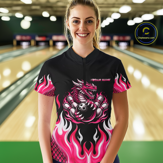 Black and Pink Flame Dragon Bowling Polo, 1/4 Zip Shirts For Women Custom Dragon Bowling Team Jerseys NQS11733