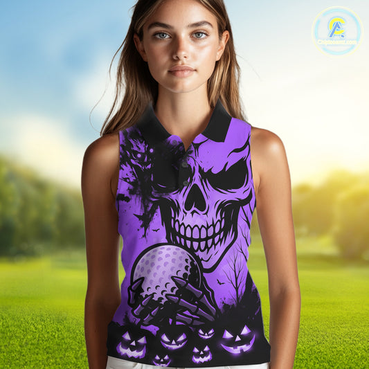 Skull Women's Sleeveless Polo Shirt Halloween Golf Outfits, Halloween golf gifts | Purple NQS10661