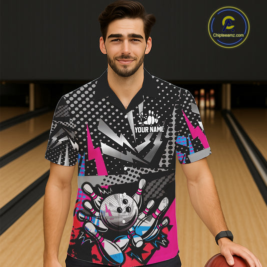 Colorful Lightning pattern Bowling Hawaiian Shirt Custom Team Bowling Button up Jerseys NQS11202