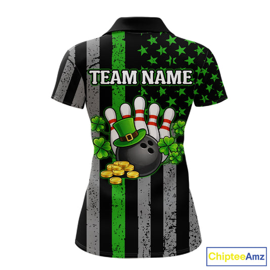 Custom Black Grunge US Flag Patriotic Bowling Shirt For Women Green Shamrock St Patrick Team Jersey NQS11447