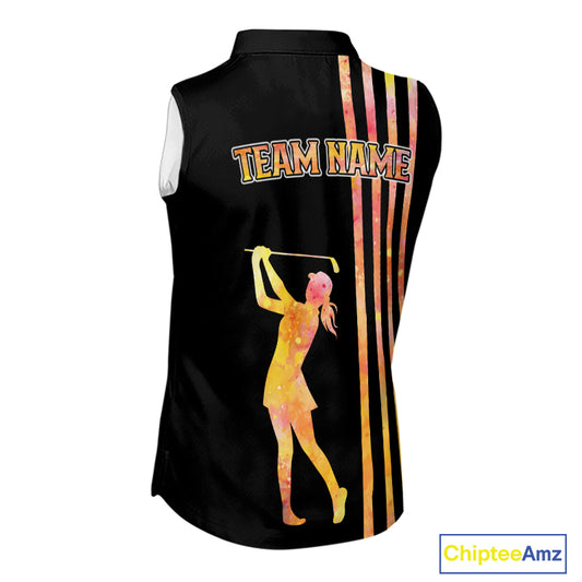 Personalized Watercolor Stripes Sleeveless Golf Polo Shirts For Women, Black Team Ladies Golf Attire NQS11651