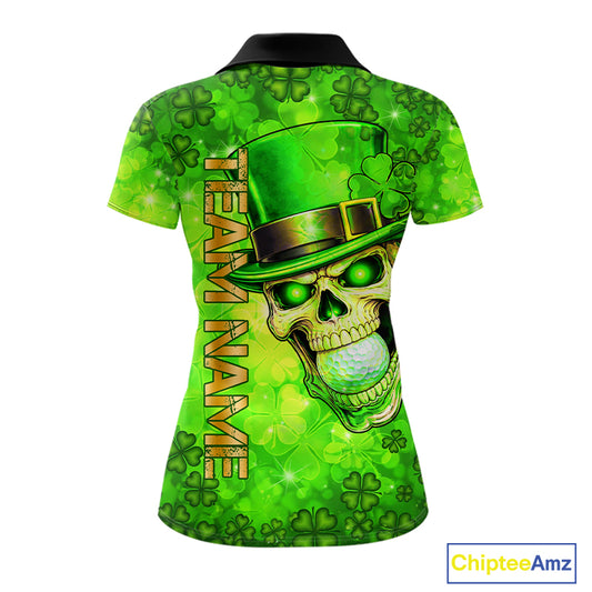 Funny Skull green shamrock pattern Golf Polo Shirts For Women Custom St Patrick's Day ladies golf top NQS11662