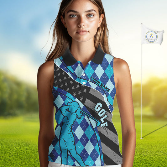 Personalized womens golf shirts sleeveless blue argyle pattern American Flag patriotic golf shirts NQS11368