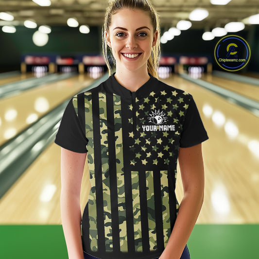 Black and Green Camo American Flag Bowling Shirts For Women Custom patriotic Bowling Team Jerseys NQS11177
