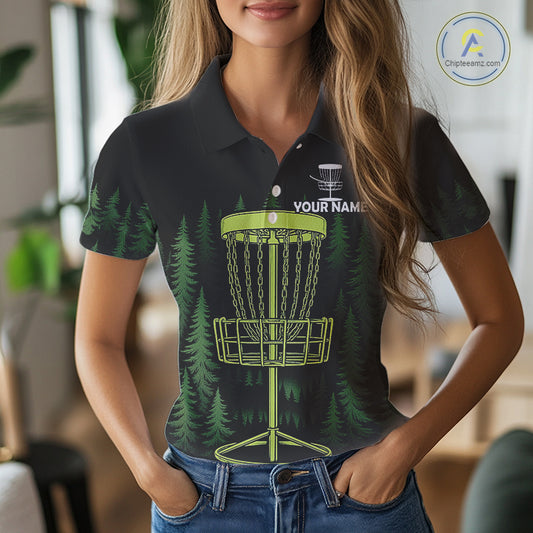 Black and Green Forest Disc Golf basket Women Disc golf polo shirts Custom team disc golf attire NQS10801