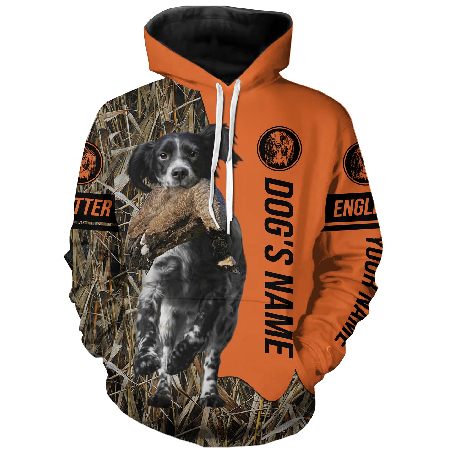 English Setter (black and white) Hunting Dog Customized Name Shirts for Hunters, Bird Hunting FSD4234